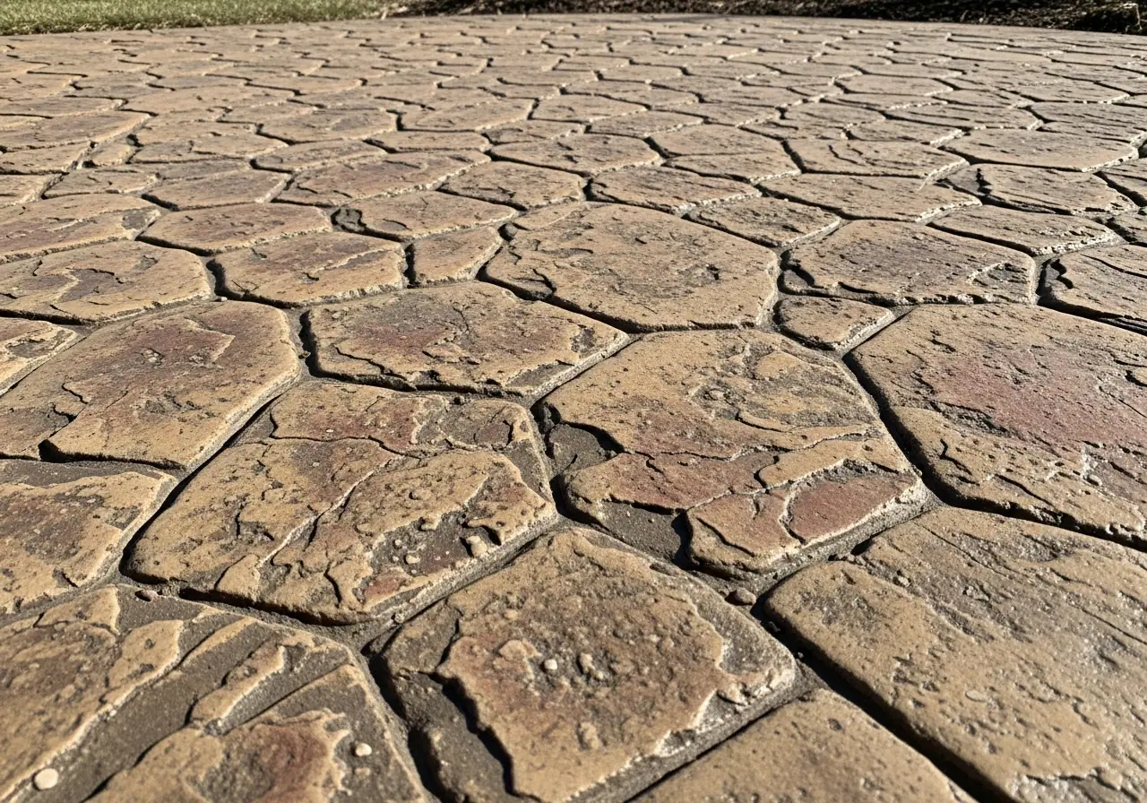Close-up of decorative stamped concrete with cobblestone pattern, earth tones, detailed texture, professional installation, outdoor application