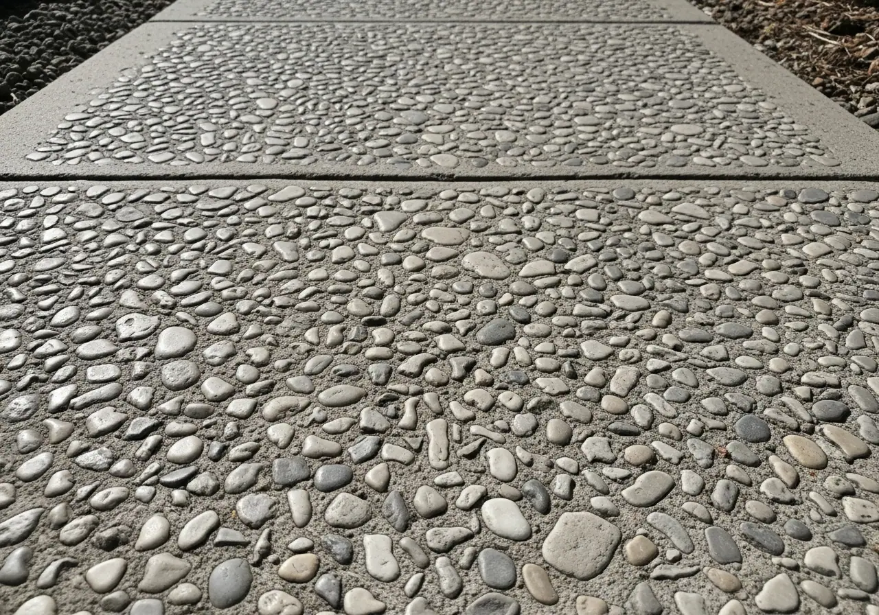 Exposed aggregate concrete surface with natural stones visible, grey and beige tones, outdoor pathway, professional finish, textured appearance
